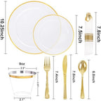 SUT 175 Pcs Gold and Clear Plastic Dinnerware Set for 25 Guests, Include: 25 Dinner Plates, 25 Dessert Plates, 25 Pre Rolled Napkins With Silverware, 25 Cups, Disposable Plates for Party, Wedding - Image 2