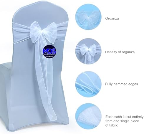 MDS Pack of 100 Organza Chair Sashes for Wedding & Event Décor – White - Image 3