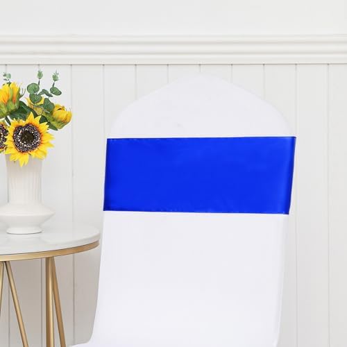 Pack of 50 Satin Royal Blue Chair Sashes Bows 7 X 108 Inch Universal Gold Chair Ribbons for Wedding Ceremony Party Banquet Event Chair Decorations - Royal Blue Chair Sashes 50 Pack - Image 5