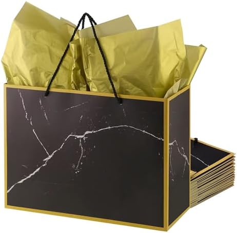 Cmecial 10 Marble Extra Large Gift Bags with Tissue Papers, 16" Gold Black Gift Bags Large with Handles, Black Paper Groomsmen Paper Gift Bags Large Size, Large Gift Bags for Presents by Cmecial