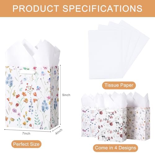 Loveinside Medium Size Gift Bags, Colorful Flower Pattern Gift Bag with Tissue Paper for Shopping, Parties, Wedding, Baby Shower, Craft-12 Pack, 7" X 4" X 9" - Image 2