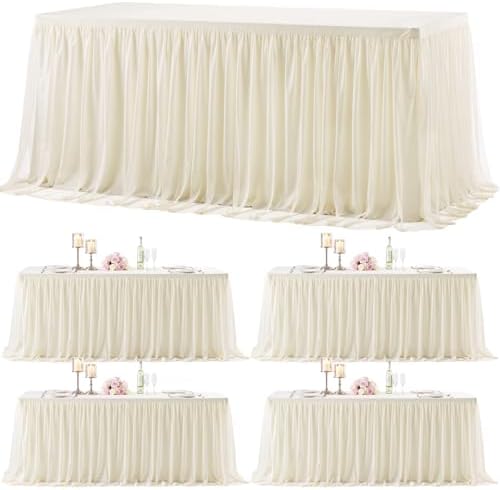 4 Pack 8ft Ivory Tulle Tablecloths for Rectangle Tables, 8 Foot Ivory Rectangular Table Cloth Wrinkle Free Tablecover with Tutu Skirt for Wedding Baby Shower Birthday Party Banquet Buffet Cake by Suppromo