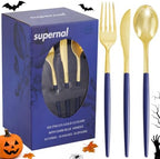 Supernal 102Pcs Gold Plastic Cutlery with Dark Blue Handle for Party by supernal