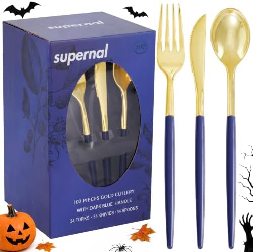 Supernal 102Pcs Gold Plastic Cutlery with Dark Blue Handle for Party by supernal