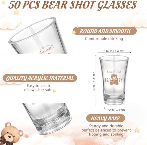 Funnymoom 50 Sets Teddy Bear Baby Shower Favors We Can Bearly Wait for Guests Souvenir Brown Bear Acrylic Clear Shot Glasses Thank You Tags with Twine Organza Bags for Birthday Supplies, Gender Reveal - Image 5