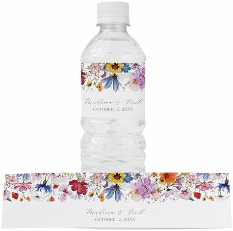 Personalized Water Bottle Labels with Choice of 30 Flower Styles - Choose Font and Pre-Made Phrases or Design Custom Text - LABELS ONLY (013 Bright Colorful Flowers, 2 inch (8.5x2")) by ThePaperedWedding