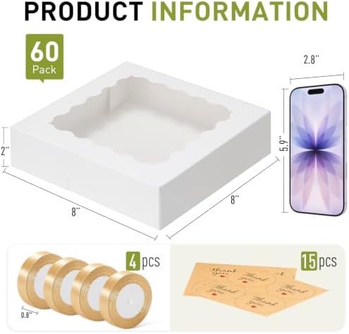 8x8x2 Auto-Popup Cookie Boxes with Window, White, 60 Pack - Image 2