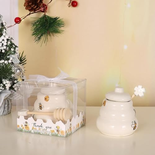 Ceramic Bee-Happy Honey Pot with Dipper，Honey Jar Serving Set with Exquisiting Package for Wedding Favor,Bridal Shower Favor, Baby Shower Favor，Party Favor (6, Scrolling) - Image 3
