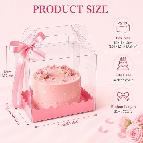 15 Pack Clear Cake Boxes 6 x 6 x 8.3 Inch, Transparent Bakery Gift Boxes with Pink Base and Ribbon, Thick PET Cake Carrier Boxes with Handle for Cupcakes Cookies Mini Cakes Wedding Birthday Party (15) - Image 2
