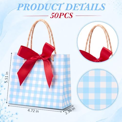 FunooFuno 50 Pack Blue Gingham Gift Bags with Red Bows, Blueberry Party - Image 2