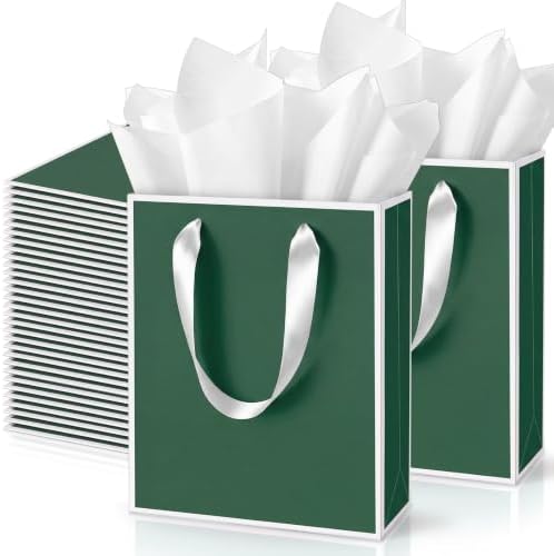Yeaqee 50 Pack Metallic Paper Gift Bag Bulk with Handle, Green, White by Yeaqee