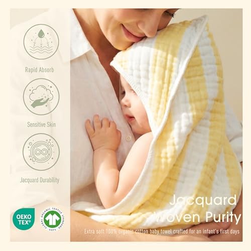 Organic Muslin Hooded Baby Bath Towel 4-Pc Newborn - Yellow Stripe - Image 3
