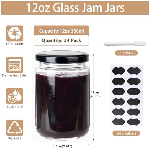 24Pack 12oz Glass Jars with Lids, 350ml Clear Candle Jars for Making Candles, Reusable & Dishwasher Safe Manson Canning Jar Bulk for Jam, Jelly, Honey, Pickles, Spice - Image 2