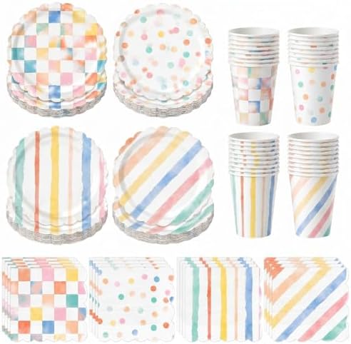 Rtteri 144 Pcs Watercolor Pastel Party Supplies Colorful Plates and Napkins by Rtteri