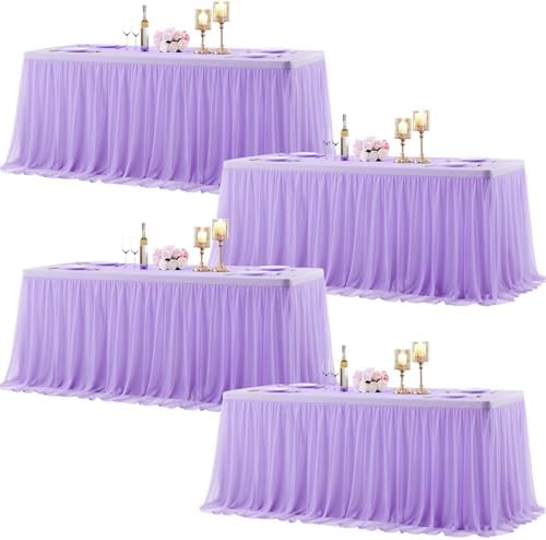 Purple Fitted Tablecloth Rectangle 8 Foot Stretch Elastic Tulle Ruffle Tablecloths Rectangular Spandex Table Covers 8ft Birthday Baby Shower Wedding Party Lilac Lavender Table Cloths with Skirt 4Pack by LittleFunny