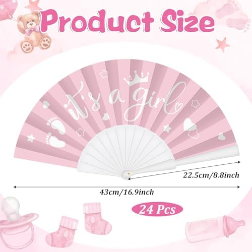 Cinrobiye 24 Pcs Baby Shower Folding Hand Fans for Guest Bear Baby Shower Hand Fans Colorful Foldable Handheld Fan for Gender Reveal Baby Shower Celebration Party Favors Supplies(Pink) - Image 2