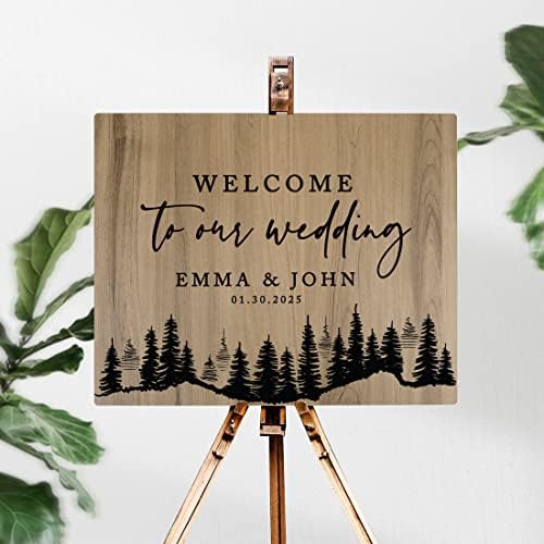 Andaz Press Large Wooden Welcome Sign for Wedding, Rustic Welcome Sign 16" x 20" Custom Names Pine Trees Woodland Wedding Signage English Oak MDF Wood Finish Wedding Reception Indoor Outdoor Signs - Image 2