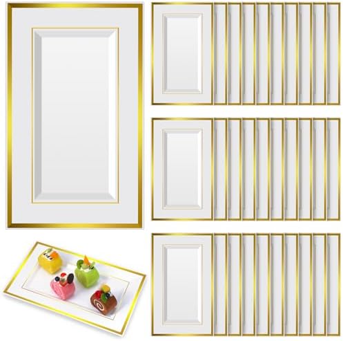 Uiifan 30 Pcs Disposable Plastic Serving Tray, White Gold Rim, 8 x 13 Inch by Uiifan