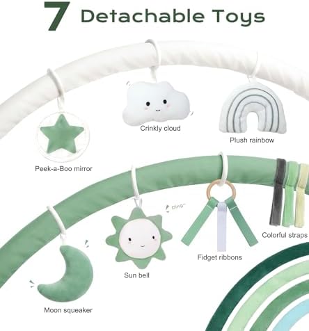 Little Dove Baby Play Gym Mat, Tummy Time Activity Mat with 7 Detachable Toys and 12 Milestone Cards for Stage-Based Sensory and Motor Skill Development, Washable Play Mats for Infant, Green - Image 2
