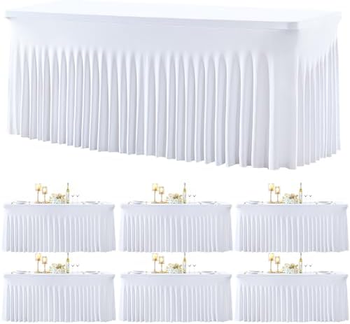 gogoparti 6 Pack Spandex White Fitted Table Cloth for 6ft Rectangle Tables White Stretch Tablecloth Table Covers Skirt Banquet Wrinkle Free Tablecloths for Parties Wedding by Gogoparti
