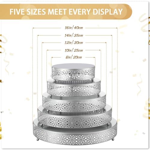 Wenqik 5 Pcs Metal Silver Cake Stand,16/14/12/10/8 in Round Cake Holder - Image 2