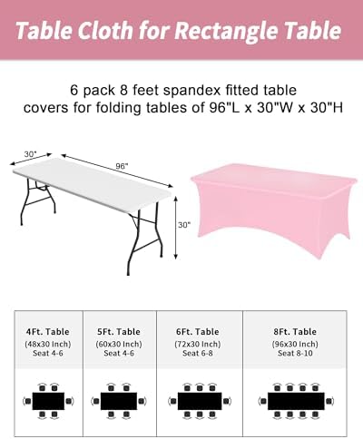 Fixwal 6 Pack 8FT Pink Tablecloth Rectangle Spandex Fitted Table Cover - Image 3