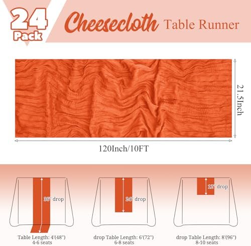 24 Pack Orange Table Runner 10Ft Cheesecloth Table Runner Rustic Gauze Table Runners Romantic Long Sheer Fabric Cheese Cloth Table Runners for Wedding Party Bridal Baby Shower - Image 2
