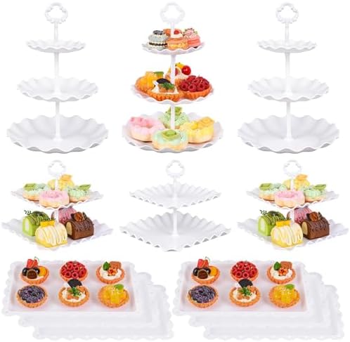 12-Pack Dessert Table Display Set, 6 Cupcake Stands and 6 Dessert Trays, Plastic Dessert Display Stands and Cake Stand, Treat Table Displays Set for Wedding, Baby Shower, Tea Party (White) by Unknown
