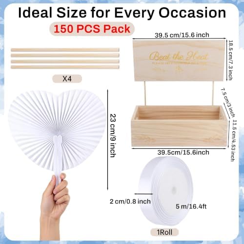 Aodaer Heart Shaped White Paper Wedding Fans with Wooden Storage Box 150 Folding Handheld Fans Satin Ribbon for Wedding Party Favors Bridal Shower DIY Crafts Event Decorations - Image 2