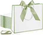 Silkfly 24 Pcs Paper Gift Bags with Handles & Bow Ribbon, White, Sage Green by Silkfly