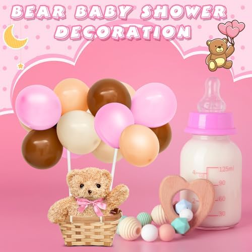 Hollowfly 6 Set Bear Baby Shower Party Decoration Table Centerpieces 6 Gender Reveal Stuffed Plush Bears 6 Bamboo Baskets 60 Colorful Balloons 12 Balloon Stands Birthday Party Wedding(Pink) - Image 5