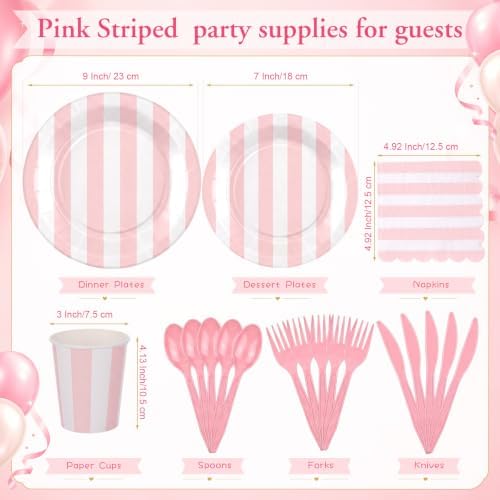 Mimorou 350 Pcs Pink White Striped Party Tableware for 50 - Image 3