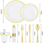 WELLIFE 210 Piece Gold Plastic Dinnerware Set, Include: 30 Dinner Plates, 30 Dessert Plates, 30 Pre Rolled Napkins with Silverware and 30 Cups - Image 2