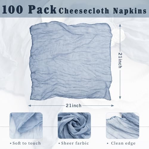 100 Pack Dusty Blue Cheesecloth Napkins Washable 21x21 Inches Dusty Blue Cloth Napkins Set of 100 Bridal Baby Shower Dinner Table Napkins for Wedding Rustic Boho Cotton Gauze Summer Party Table Decor - Image 3