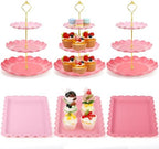 FoldTier 6 Pack Cupcake Stand Set 3 Pcs 3 Tier Gradient Dessert Table Display Stands Cookie Tray Rack 3 X14 in Rectangle Party Trays for Wedding Birthday Tea Party Baby Shower (Pink,Round) by FoldTier