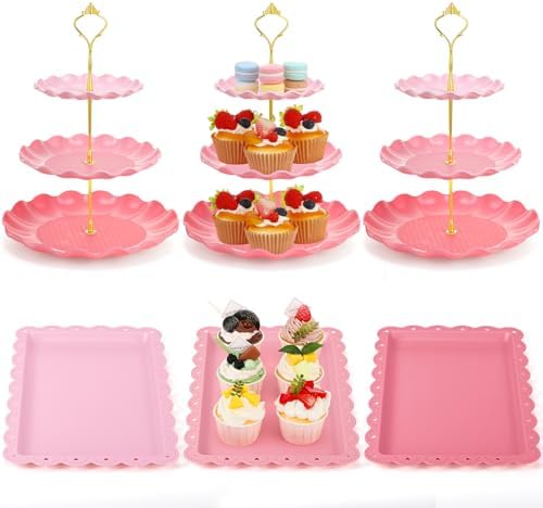 FoldTier 6 Pack Cupcake Stand Set 3 Pcs 3 Tier Gradient Dessert Table Display Stands Cookie Tray Rack 3 X14 in Rectangle Party Trays for Wedding Birthday Tea Party Baby Shower (Pink,Round) by FoldTier