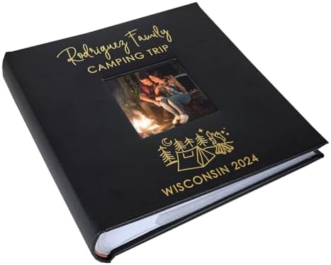 Personalized Photo Album, Custom Engraved Picture Album, Holds 200 4" x 6" Photos, Leatherette and Laser Engraved Scrapbook, Camping Trip, Black by GiftsForYouNow
