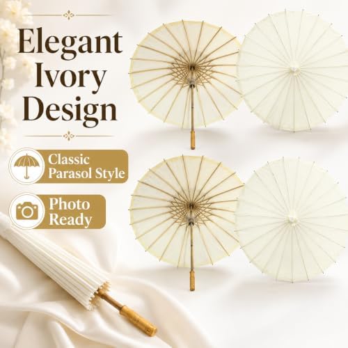 Koyal Wholesale 32" Ivory Paper Parasol Umbrella 4 Pack, Large Paper Umbrella Bulk, Paper Parasol Wedding Umbrellas, Ivory Parasol Umbrella Bridal Party Decor Photo Props, Sun Parasols for Shade - Image 2