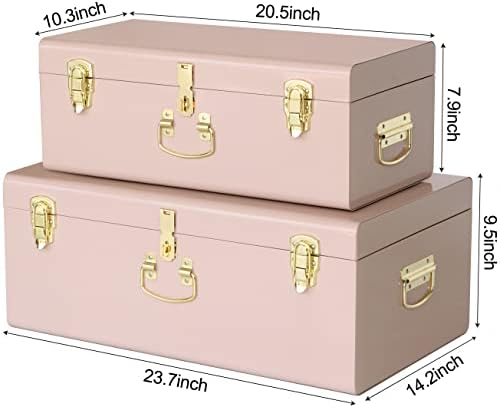 Vixdonos Decorative Metal Box Storage Trunks Set of 2 College Dorm Chest with Handle (Pink) - Image 2