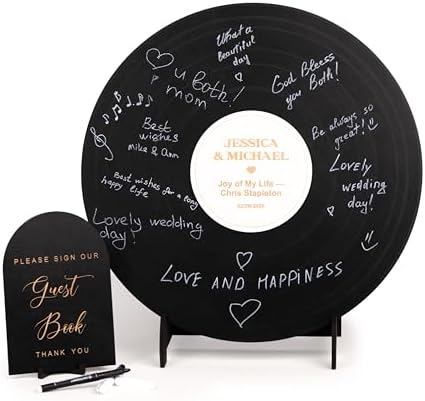 Custom Wood Round Record Wedding Guest Book Alternative, Rustic Vinyl Record Design for Wedding Reception, Graduation Guest Book, Vintage Event Decor (Black) by WEDDINGbyEli