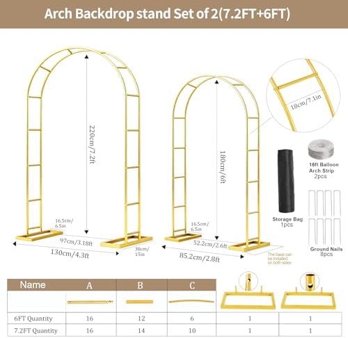 2 Pack Wedding Arch Backdrop Stand (7.2FT/6FT) Metal Frame with Base - Image 4
