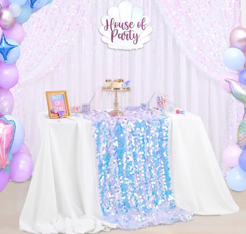 QueenDream White Sequin Tablecloth Mermaid Party: Big Payette Glitter Fabric - 51x35 Inch Rectangle for Rainbow Birthday Decor - Image 2