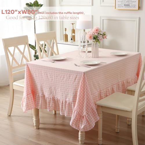 Blush White Gingham Ruffled Table Cloth Rectangular 120“x60” - Image 3