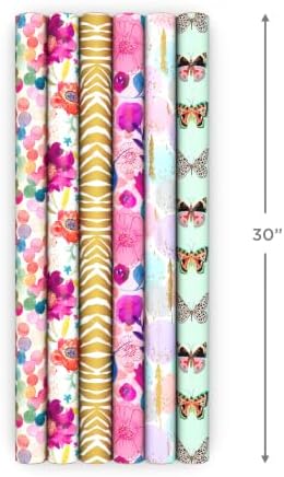 Hallmark Wrapping Paper Rolls for Birthday, Bridal Shower, Baby Shower, Gift Wrap Paper (Set of 6 Rolls: 180 sq. ft. ttl.) Butterflies, Gold Animal Print, Pink Flowers for All Occasions - Image 3