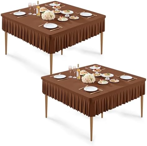 Wish Care 2 Pack Brown Spandex Tablecloths for 48x48 Inch Square Tables, Stretch Fitted Table Clothes with Pleated Ruffle Skirt for 48” Table, Wrinkle Free and Elastic, for Party Kitchen Home Dining by WishCare