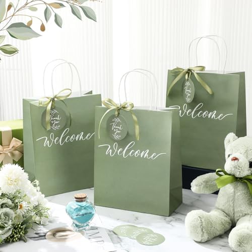 Queekay 36 Pcs Large Welcome Paper Gift Bags with Handle 10.6 x 8.3 x 4 Inches with 36 Tags Wedding Church Party Favor Bridal Gift Bags for Guest Birthday Baby Shower(Classic,Sage Green) - Image 4