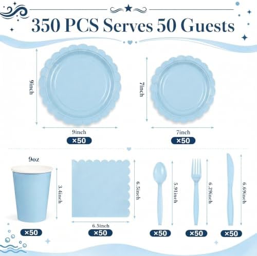 ArtSocket 350 Pack Disposable Party Tableware for 50 Guest, Blue Birthday - Image 3