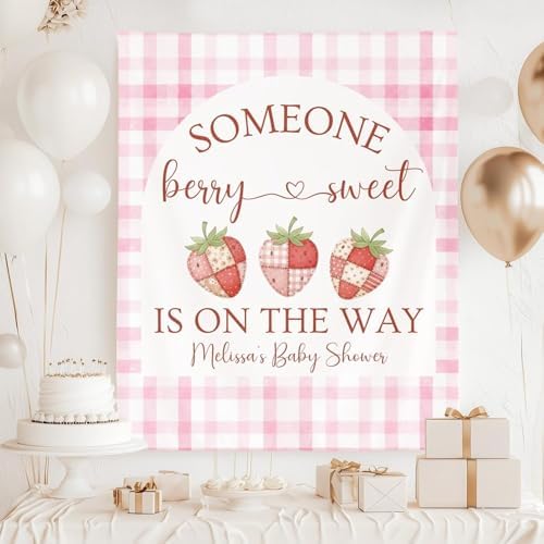 Personalized Strawberry Baby Shower Decoration Sign, Custom Berry Sweet Backdrop, Pink Gingham Girl Fruit Theme Party Banner, Patchwork Strawberry Photo Tapestry, Baby Shower Wall Decor Ideas by Unknown