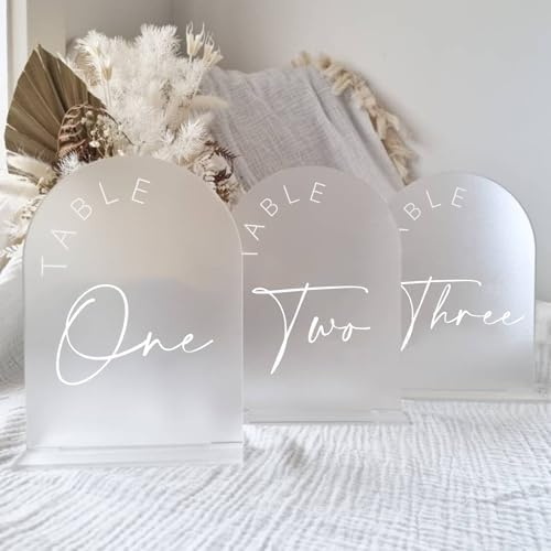 Frosted Arch Wedding Table Numbers 1-15 with Stands, 5x7 Inch Frosted Arch Acrylic Sign with White Letters, Arched Acrylic Table Numbers for Wedding Reception by JINMURY