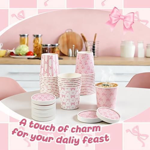 Roshtia 60 Pack Pink Bow Ice Cream Cups, 16 oz Disposable Cute Bowknot Paper Bowls with Lids, Pink Bow Dessert Bowl Snack Cup for Hot or Cold Baby Shower Birthday Mothers Day Tea Party Favor Supplies - Image 6